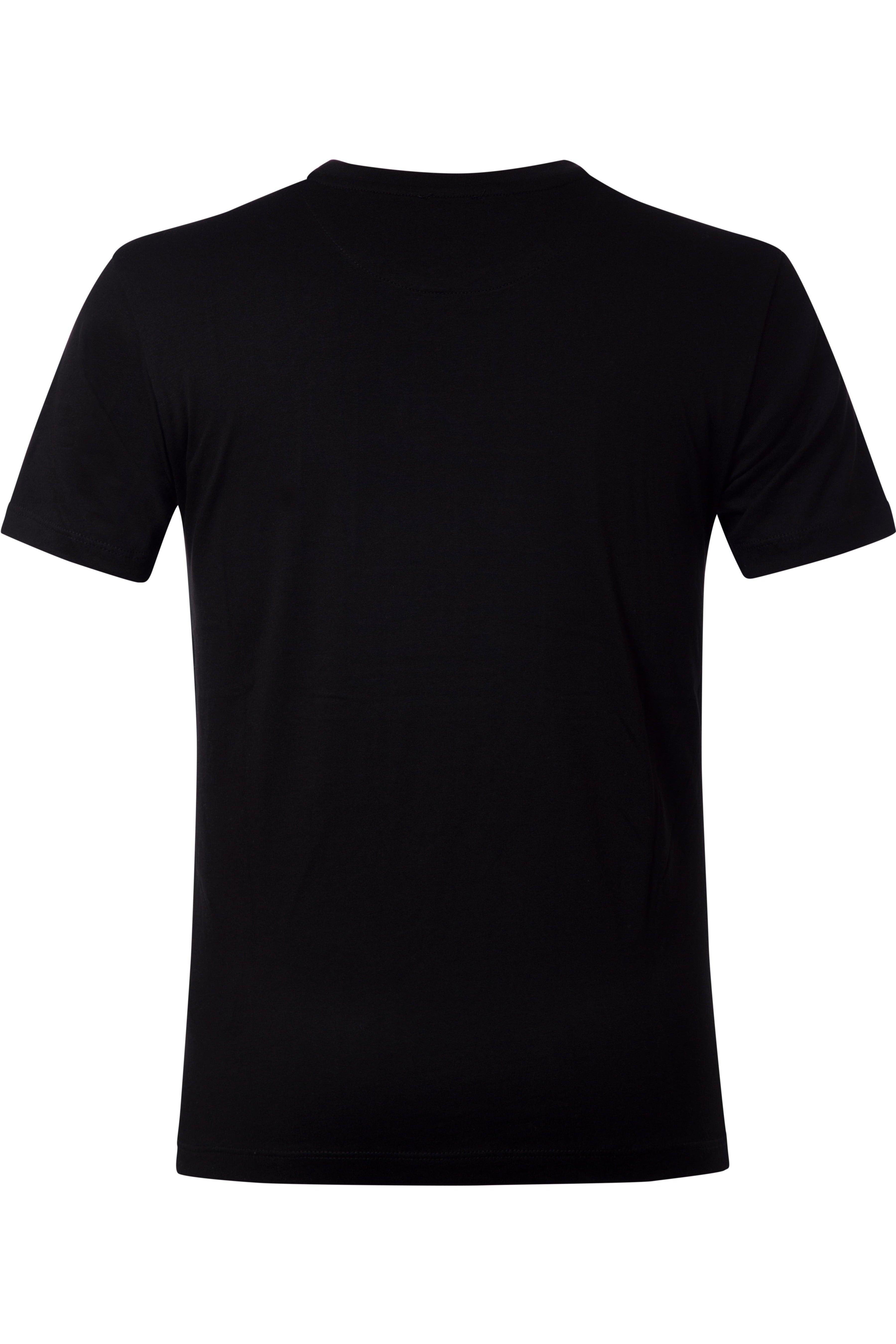 Back view of plain black short-sleeve crew neck t-shirt on white background