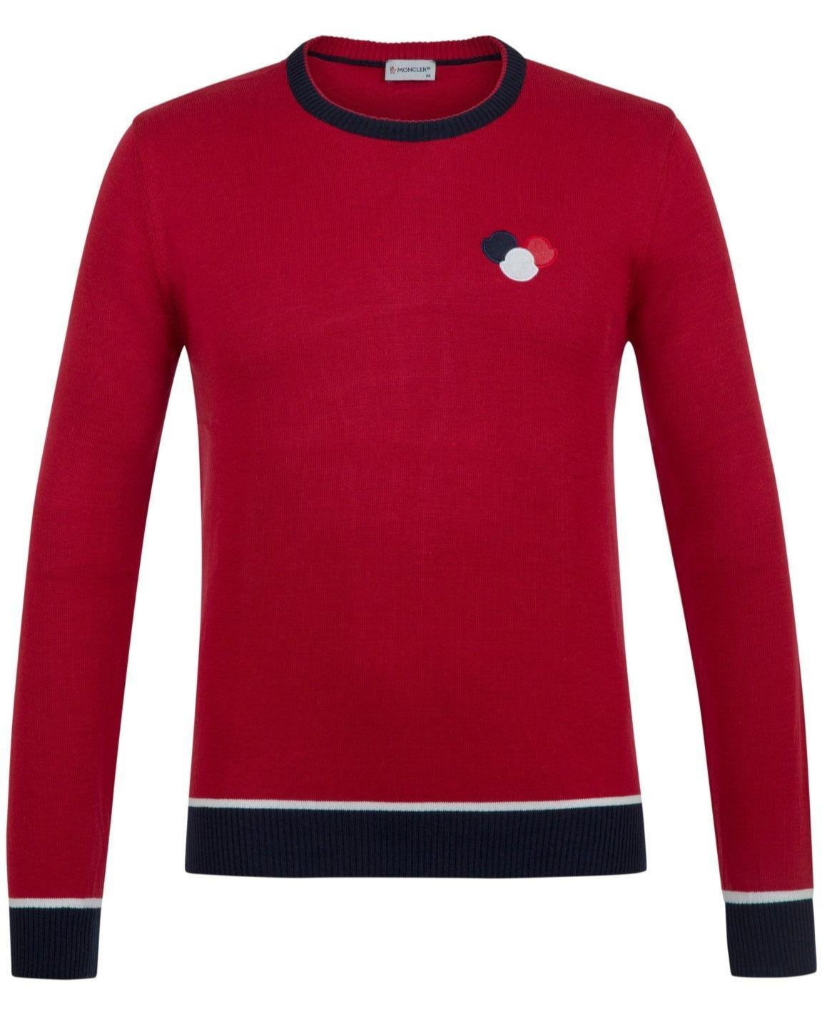 Red long-sleeve Moncler sweater with navy and white trim, logo patch on chest