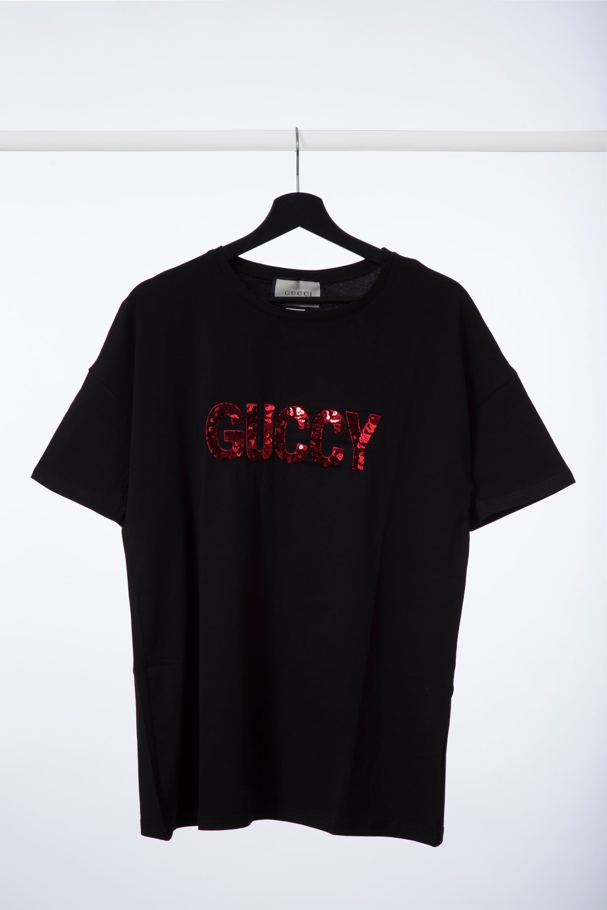 Gucci Women's Black GUCCY Red Sequin Logo T-Shirt
