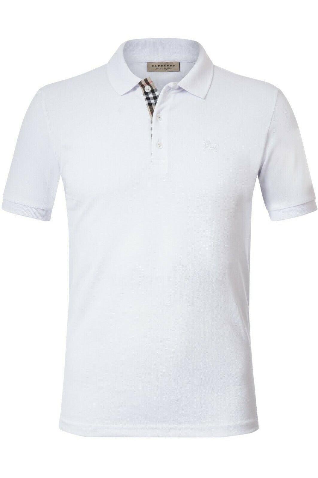White Burberry men's polo shirt with signature check pattern inside button placket