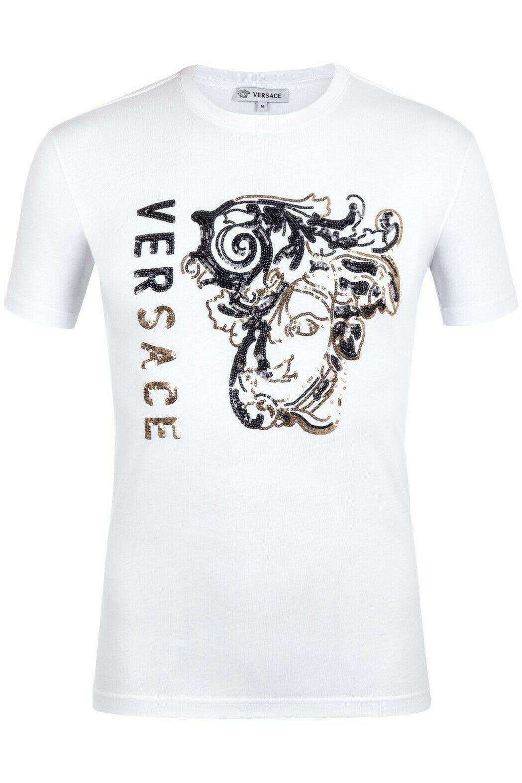 White Versace t-shirt with embellished Medusa head design and black-gold logo lettering