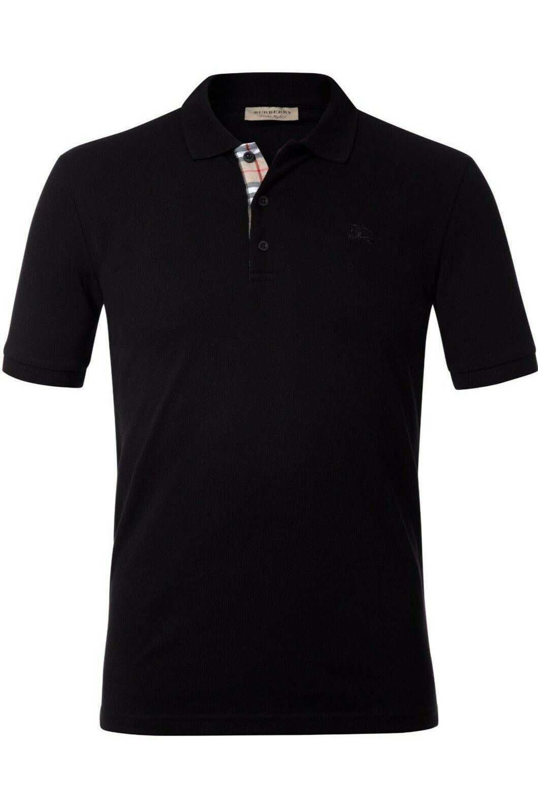 Black Burberry polo shirt with short sleeves and signature check pattern on button placket